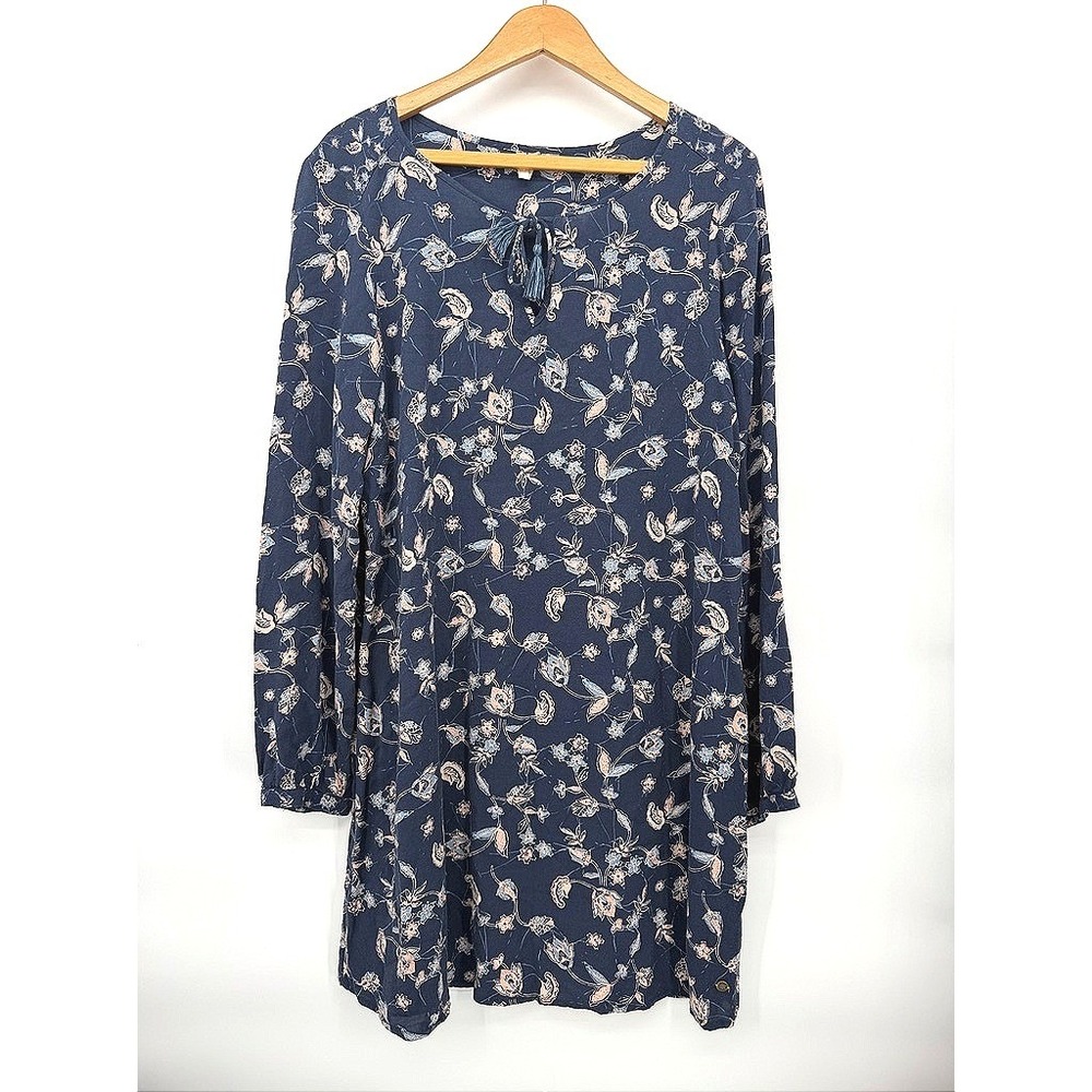Roxy Dress Shift Shirt Floral Long Sleeve Tassel Tie Cottage Core Casual Size LG